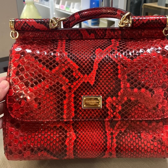 Gently used Dolce & Gabbana red medium Sicily Python Top Handle - Picture 1 of 14